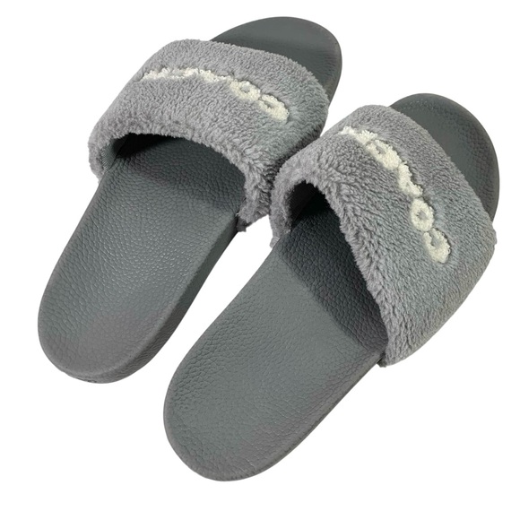 Coach Uli Sport Slides Plush Fuzzy Faux Shearling Gray Logo Spellout Size 10 - Picture 3 of 8